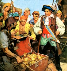 Le trésor perdu du capitaine Kidd, dont il a emporté le secret au gibet en 1701 (lithographie couleur) - English School