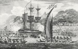 Le capitaine Wallis attaqué par les Indiens - English School