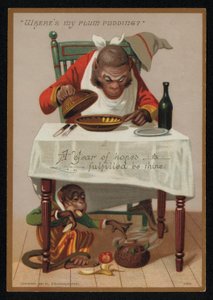 Dessin animé de singes et un pudding aux prunes, carte de vœux du Nouvel An - English School