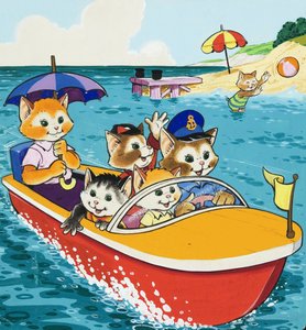 Famille de chats dans un bateau à moteur - English School