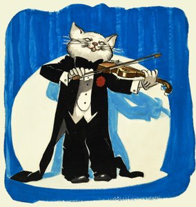 Chat en smoking jouant du violon