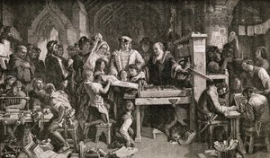 Caxton montrant des spécimens de son impression au roi Édouard IV à l