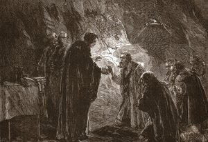 Célébration de la Cène par Calvin et ses compagnons protestants dans la grotte de Poitiers, illustration de L
