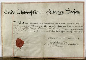 Certificat de membre honoraire pour Sir Humphry Davy (1778-1829) à la Société philosophique et littéraire de Leeds, 5 décembre 1823