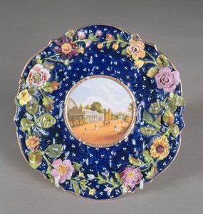 Assiette de Worcester de Chamberlain avec fleur incrustée et vue de la salle des pompes de Montpellier, Cheltenham, 1820