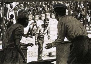 Charles Osborne et le capitaine Stott disposaient des fûts de rhum sur la plage