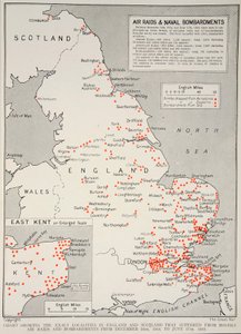 Carte montrant les localités exactes en Angleterre et en Écosse qui ont souffert des raids aériens et des bombardements hostiles du 16 décembre 1914 au 17 juin 1918, 1918-19 - English School