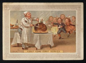 Chef découpant un pudding aux prunes, carte de vœux de Noël - English School