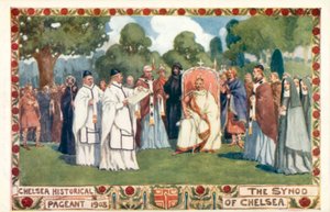 Pageant historique de Chelsea 1908, le synode de Chelsea (lithographie en couleur)