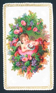 Chérubin assis dans des fleurs, Carte de Noël - English School