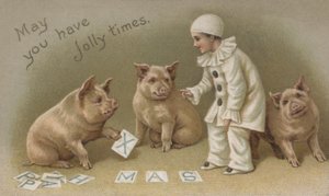 Enfant en costume de Pierrot avec trois cochons, carte de Noël