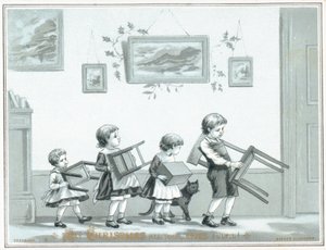 Enfants portant une chaise et des tabourets - English School