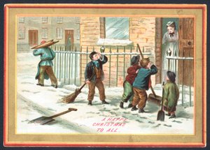 Enfants déblayant la neige et frappant aux portes, carte de Noël - English School