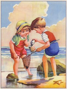 Enfants pêchant dans un bassin de rochers au bord de la mer (lithographie couleur) - English School