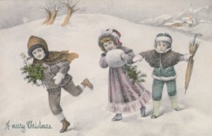 Enfants dans la neige, carte postale victorienne (impression)