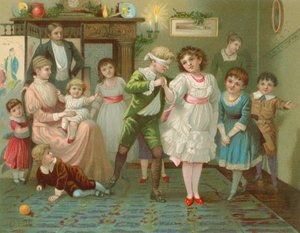 Enfants jouant à colin-maillard à Noël - English School