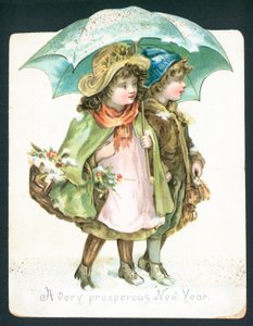 Enfants marchant dans la neige sous un parapluie, carte de Nouvel An