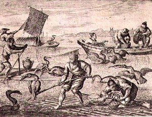 Pêcheurs chinois utilisant des cormorans pour attraper des poissons, illustration d