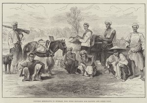 Marchands chinois en Birmanie, pris pour des dacoïts et tirés dessus (gravure) - English School