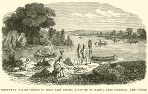 Indiens Chippeway pêchant dans des canoës en écorce de bouleau, Sault de St Marys, lac Supérieur - English School