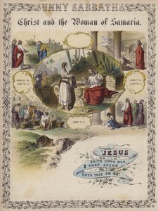 Le Christ et la femme de Samarie (gravure en couleur) - English School
