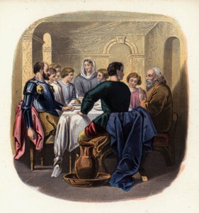 Christiana et les pèlerins à la maison de Gaïus, illustration de Le Voyage du pèlerin de John Bunyan - English School