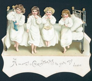 Carte de Noël, enfants sur le lit avec leurs bas - English School