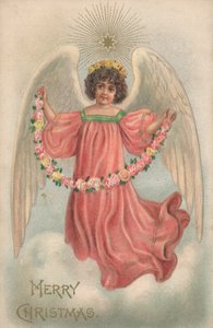 Carte de Noël avec un ange tenant une chaîne de fleurs - English School