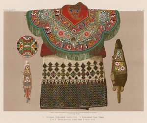 Tapis de selle brodé circassien; robe brodée, Grèce; travail de perles et de paille des Indiens d