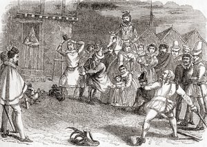 Lancer de coq, alias cock-shying ou lancer sur des coqs, tirée de Old England: A Pictorial Museum, pub. 1847