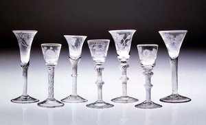 Collection de verres gravés avec tiges torsadées opaques et à air - English School