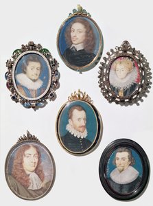 Collection de miniatures, de gauche à droite, rangée du haut : Frederich V (1596-1632) Électeur Palatin, Roi de Bohême - English School