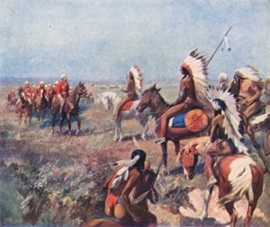 Colonel Macleod, de la Police montée du Nord-Ouest, traitant avec les Indiens à Fort Macleod - English School
