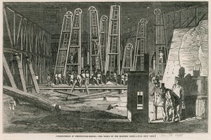 Commencement du pont de Westminster, les travaux à la lumière électrique - English School