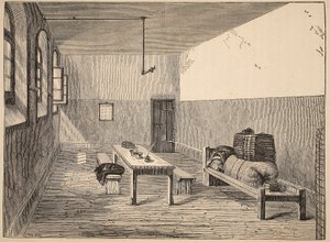 Cellule des condamnés, Newgate, illustration de The Criminal Prisons of London and Scenes from Prison Life par Henry Mayhew et John Binny, pub. 1862 - English School