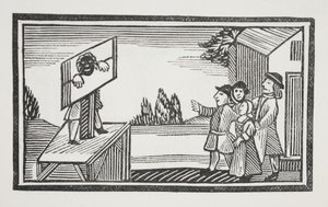 Condamné à rester une heure ou plus au pilori, illustration de Chap-books du XVIIIe siècle par John Ashton, pub. 1882 - English School