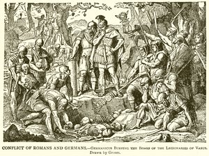Conflit entre Romains et Allemands. Germanicus enterrant les os des légionnaires de Varus - English School