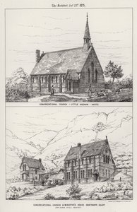 Église congrégationaliste, Little Hadham, Herts ; Église congrégationaliste et maison du ministre, Nantmawr, Salop (gravure) - English School