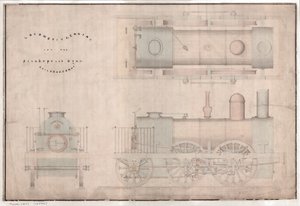 Dessin de construction, locomotive 0-4-2 et tender par R. et W. Hawthorn and Co. pour la Stanhope and Tyne Railway Co - English School