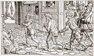 Gravure contemporaine montrant un vagabond fouetté dans les rues d