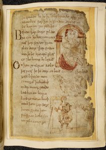 Un homme assis sur un coussin sous une arche; deux catini, bêtes à gueule ouverte comme des chiens; un homme en robe avec un bâton, tendant la main à un autre homme, illustration de Beowulf, tirée du 