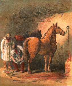 Forgeron de campagne ferrant le cheval de charrette du fermier - English School
