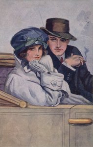 Couple assis dans une voiture (lithographie couleur)