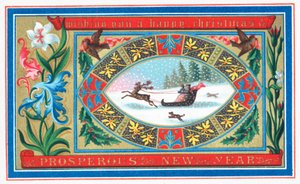 Couple en luge entouré de fleurs, Carte de Noël - English School