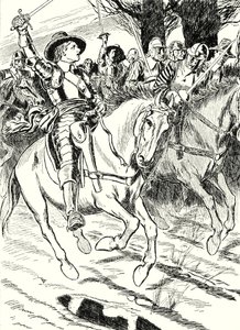 Cromwell mène ses soldats à la bataille (litho) - English School