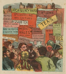 Foule de gens sous une variété de publicités - English School