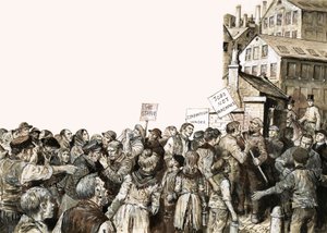 Foule dressant un piquet de grève dans une usine avec des pancartes