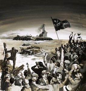 La foule applaudit et agite des drapeaux au bord de l