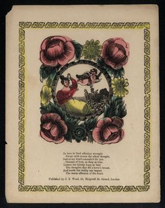 Cupidon et femme dans un jardin entouré de fleurs, poème d