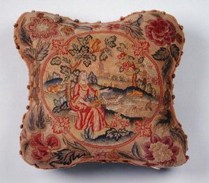 Coussin, brodé en petit point, représentant une femme dans un paysage - English School